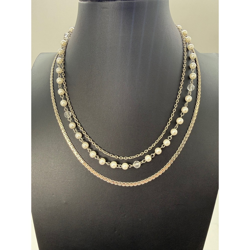 Medici MultiStrand Triple Layered Necklace Silver Tone Faux Pearl Crystal Beaded